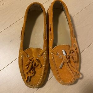 Emporio Armani Suede Moccasin Loafers in Mustard Orange